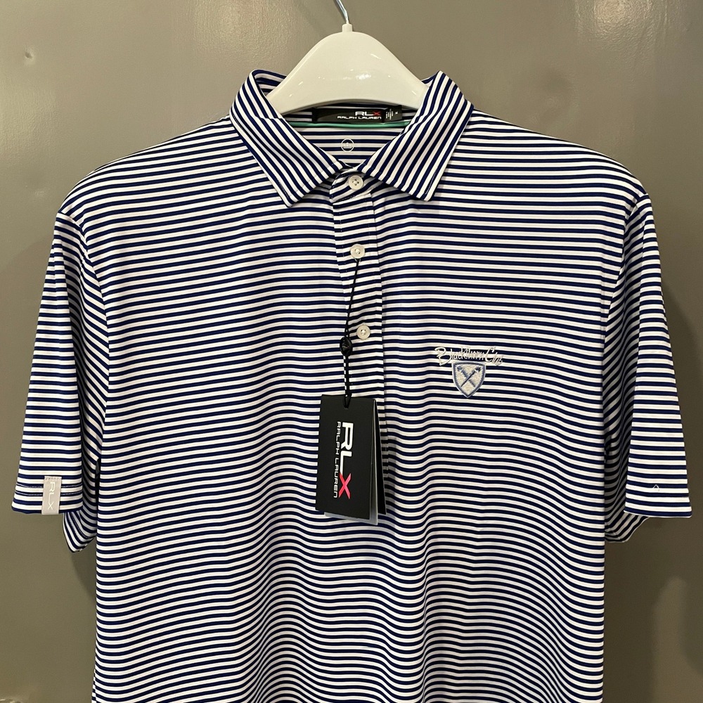 RLX Ralph Lauren Mens Striped Golf Polo Shirt Navy White Blackthorn Club Medium